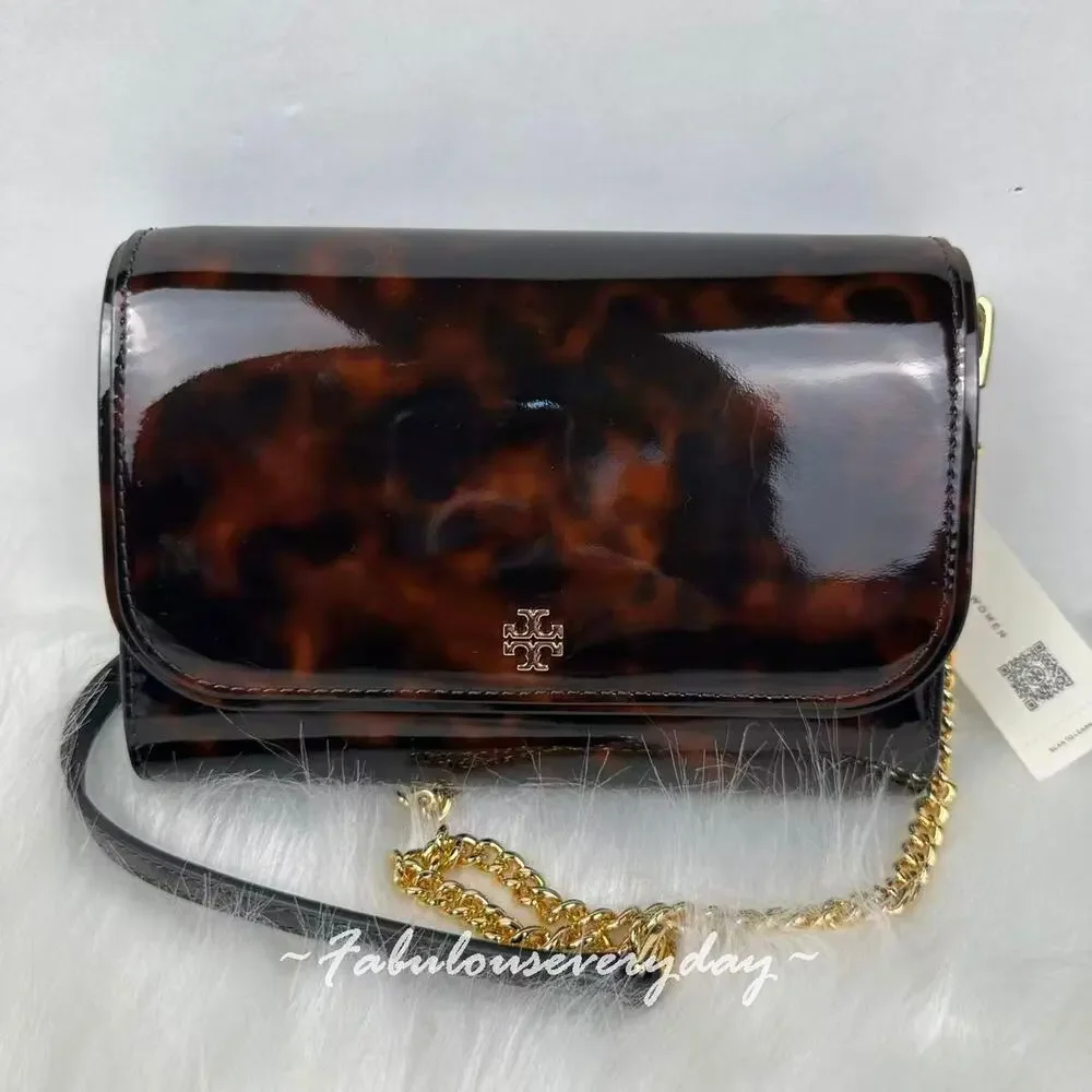 Tory Burch Emerson Tortoise Patent Leather Chain Wallet Shoulder/Xbody 165943